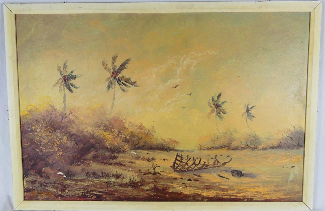 COASTAL LANDSCAPE w PALM TREES OIL ON BOARD SIGNED (1 of 7)