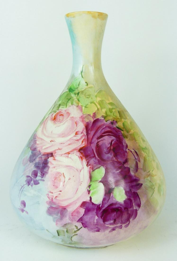 FLORAL PORCELAIN BEAKER VASE SIGNED (1 of 6)