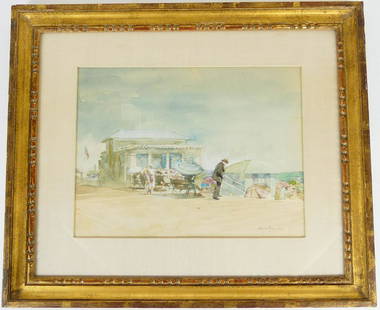 DAVID LEVINE 'CONEY ISLAND BOARDWALK' WATERCOLOR: David Levine (American, 1926-2009) watercolor on paper depicting a man on the boardwalk walking toward the beach, believed to be Coney Island. Pencil signed lower right and dated 1957. Measures 11 1/4