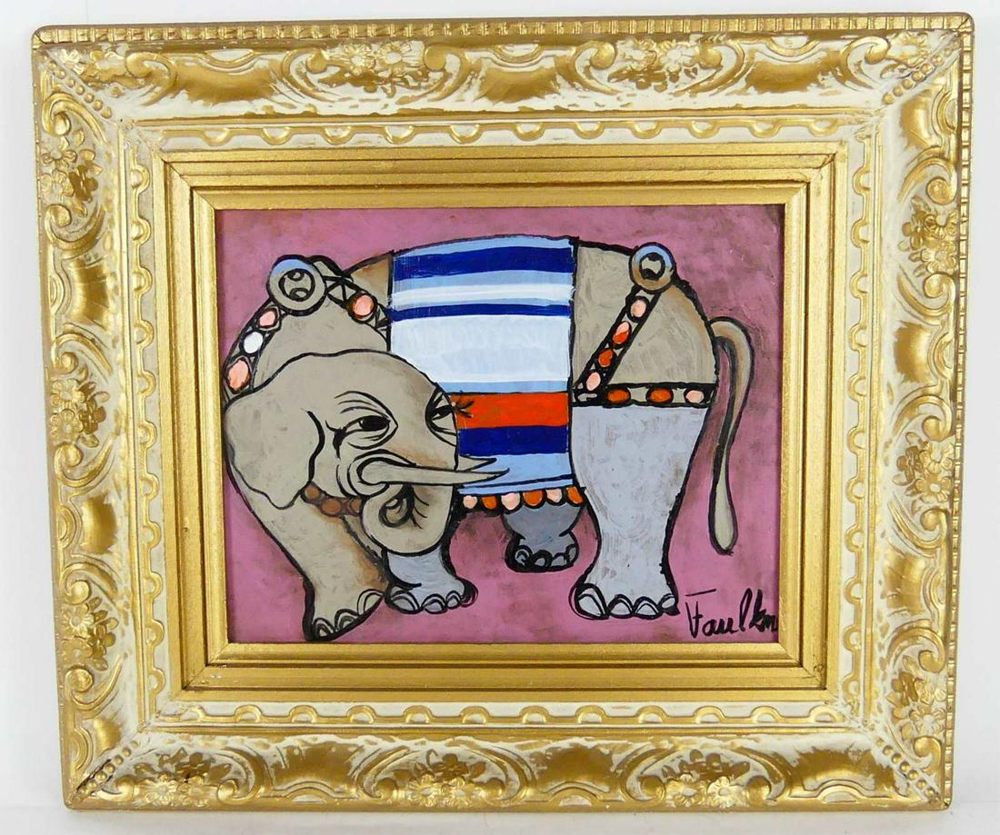 HENRY FAULKNER 'ELEPHANT' OIL PAINTING ON BOARD: Oil painting on masonite depicting an elephant in the manner of Henry Faulkner. Signed lower right. Measures 9 1/4" x 7 1/4" + 3" frame.
