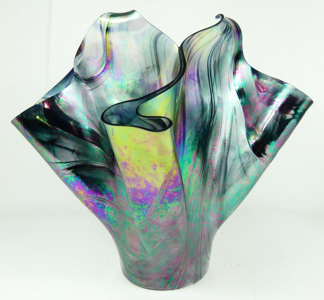 SYD ROSSLED IRIDESCENT ART GLASS HANDKERCHIEF VASE: Syd Rossled mid-century iridesecent art glass vase of handkerchief form. Signed to underside. Measures 14" height x 15" width.