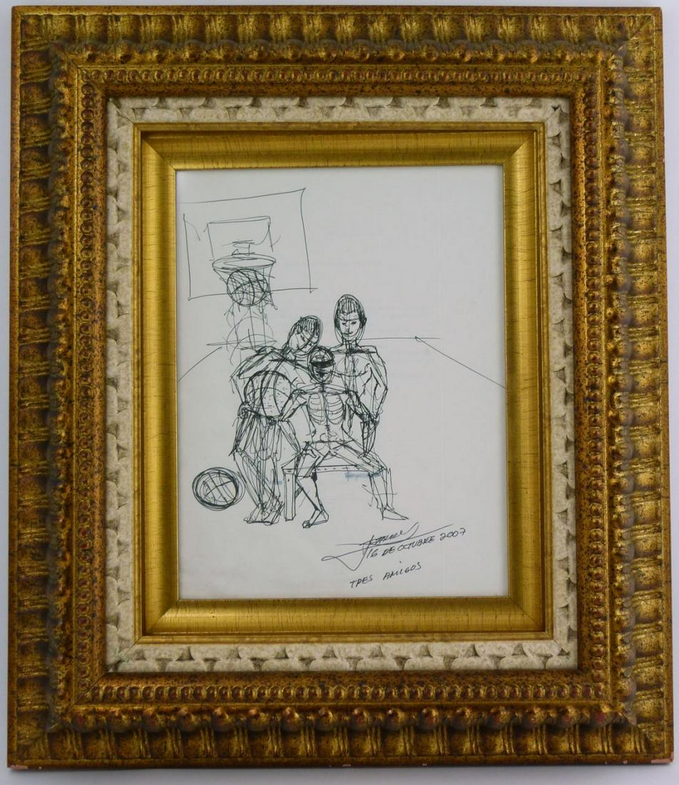 CUNDO BERMUDEZ INK DRAWING ON PAPER: Cundo Bermudez (Cuban/American, 1914-2008) ink drawing on Cundo Bermudez Museum & Gallery embossed letterhead. Measures 10 1/2" (26.5cm) x 8" (20.3cm) + 4" (10.1cm) frame.