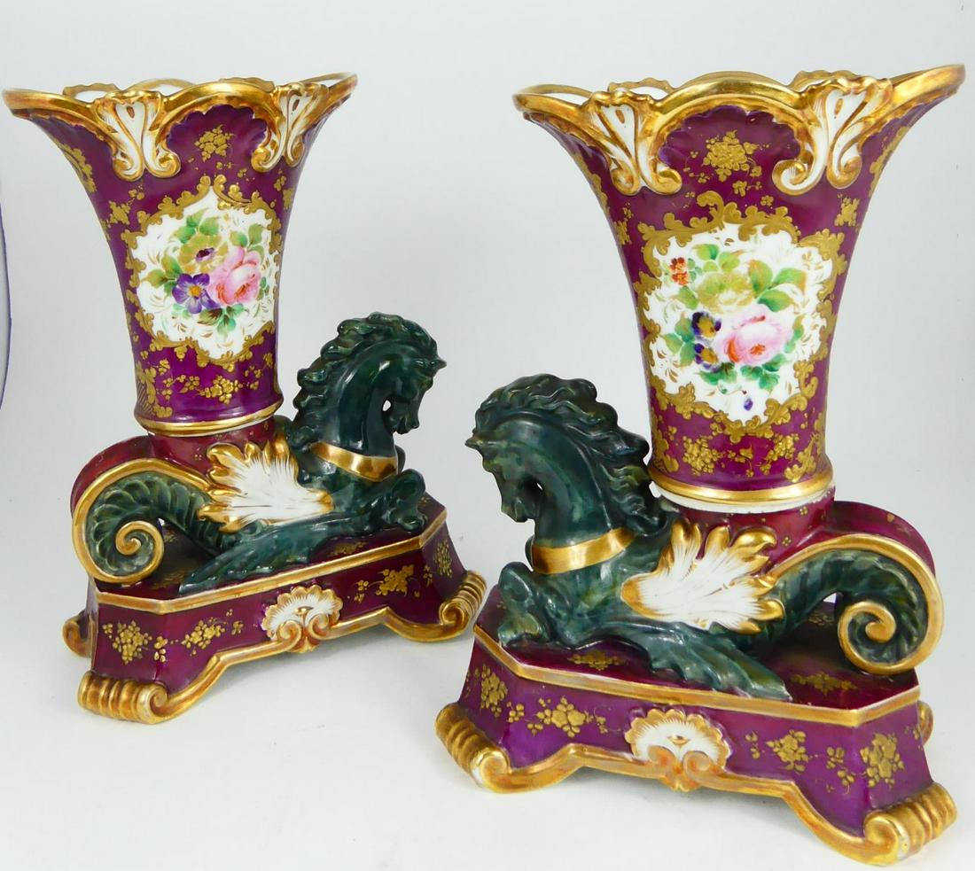 PR OLD PARIS PORCELAIN RHYTON HORSE VASES (1 of 11)