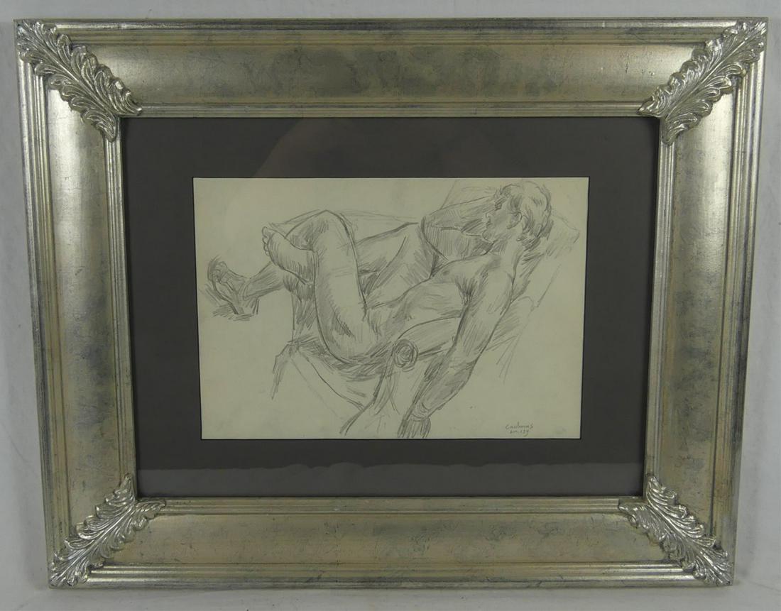 PAUL CADMUS 'RECLINING NUDE' PENCIL DRAWING: Pencil drawing on paper depicting a nude male lounging in the manner of Paul Cadmus (American, 1904-1999). Pencil signed lower right. Measures 11 3/8" x 7 3/4" + 4 1/2" mat & frame.