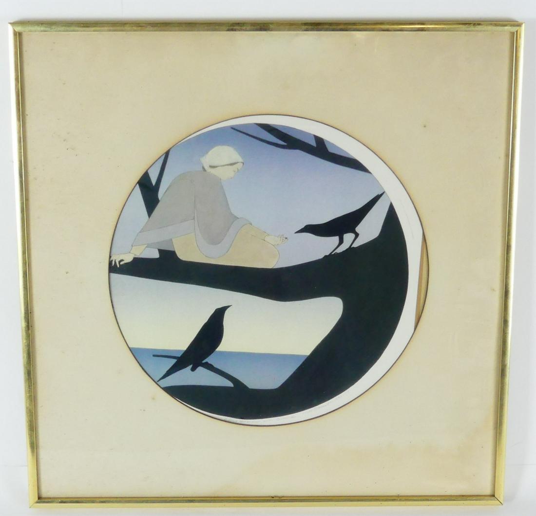WILL BARNET 'SILENT SEASONS WITH CROWS' LITHO: Will Barnet (American, 1911-2012) color lithograph titled 'Silent Seasons with Crows'. Pencil signed and dated 1978-1979 lower right. Titled lower center. Measures 11 1/4" diameter + 3" mat & frame.