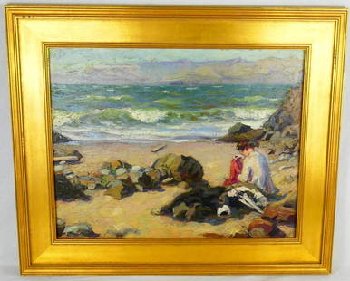 DOROTHEA SHARP STYLE OIL PAINTING ON BOARD: Oil painting on panel depicting a woman on rocky beach in the style of Dorothea Sharp. Circa early 20th century. Measures 18 3/8" x 14 3/8" + 3" frame.