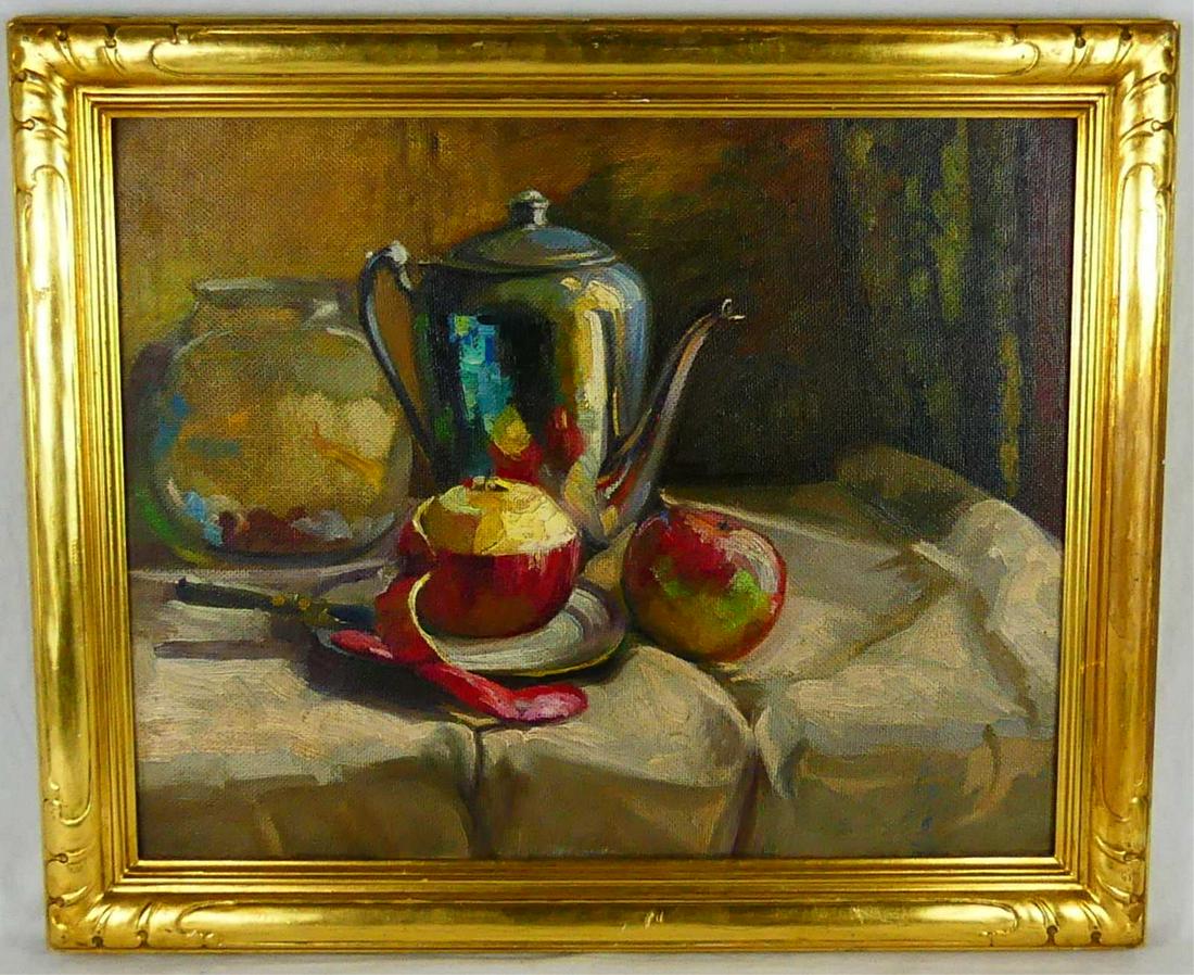 STILL LIFE w COFFEE POT OIL PAINTING ON BOARD (1 of 5)