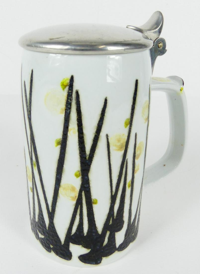 ROYAL COPENHAGEN ELLEN MALMER PORCELAIN MUG: Royal Copenhagen porcelain mug with lid / tankard designed by Ellen Malmer. Marked to underside. Measures 6 1/4" height.