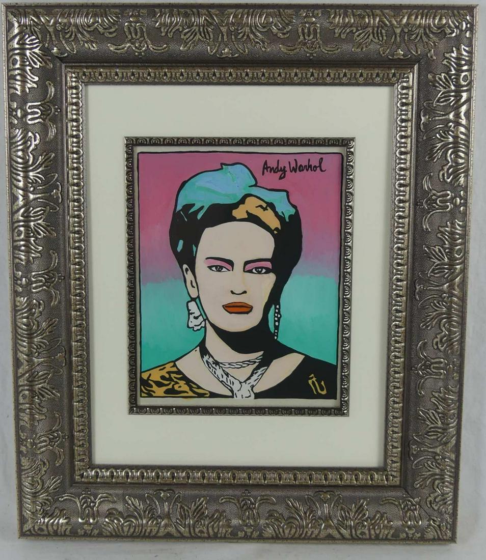 AFTER ANDY WARHOL 'KAHLO' PAINTING ON PAPER: Oil painting on paper depicting a portrait of Frida Kahlo after Andy Warhol. Signed upper right. Measures 9 1/4" x 7 1/4" + 4 3/4" mat & frame.
