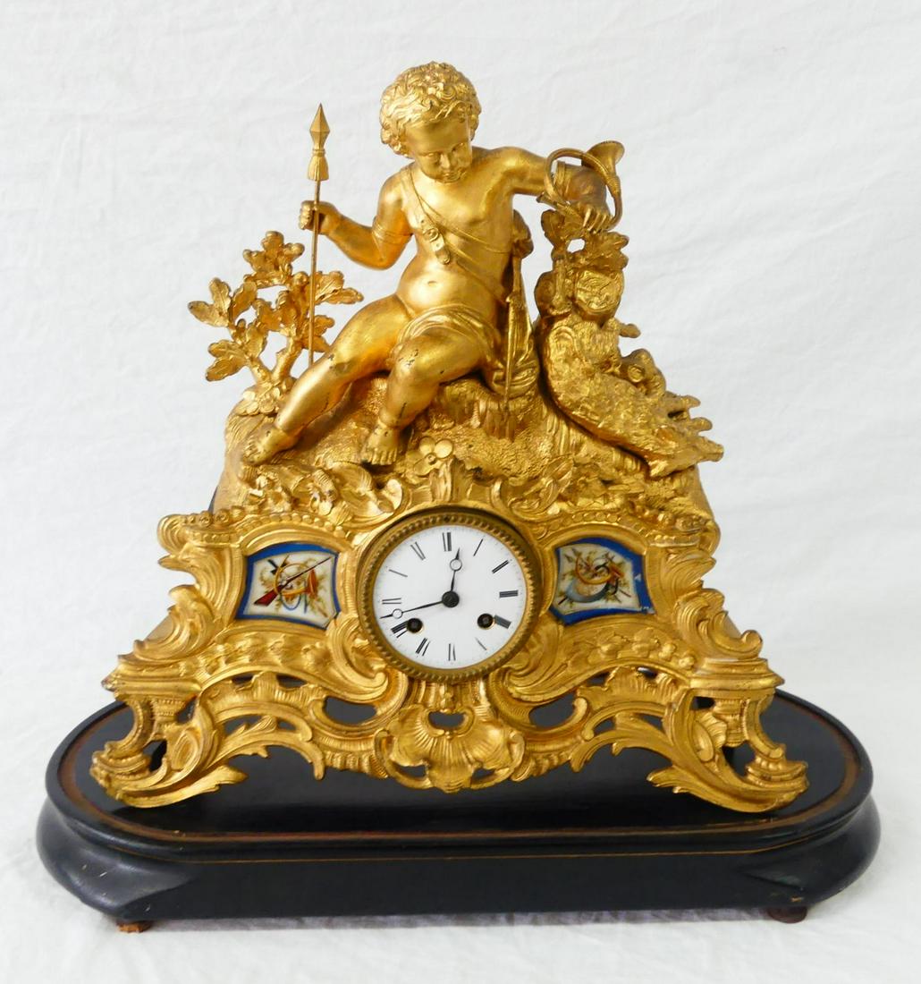 GILT METAL PUTTI CLOCK w PORCELAIN PLAQUES (1 of 8)
