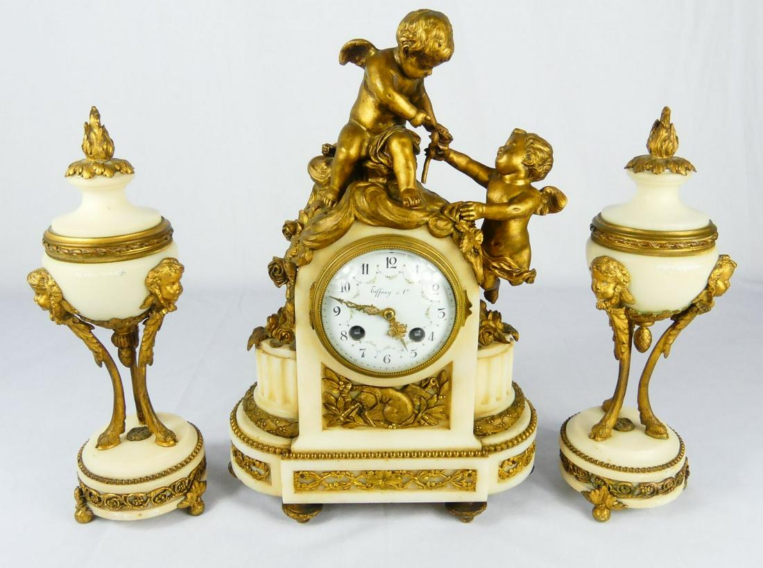 3pc TIFFANY & CO DORE BRONZE CLOCK & GARNITURE SET (1 of 14)