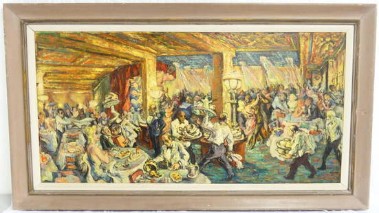 PHILIP REISMAN 'HOTEL TAFT GRILL' OIL ON MASONITE: Philip Reisman (American, 1904-1992) oil painting on masonite titled 'Hotel Taft Grill' aka the Taft Hotel in New York City. Signed lower right and dated 1943. Signed and titled to verso. Measures 47