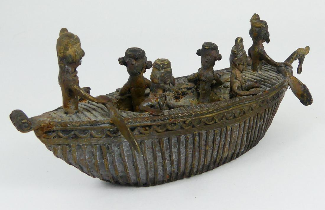 BENIN AFRICAN BRONZE FIGURAL BOAT SCULPTURE (1 of 5)