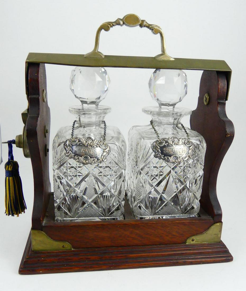 CRYSTAL DECANTER SET w LOCKING WOOD CADDY (1 of 9)