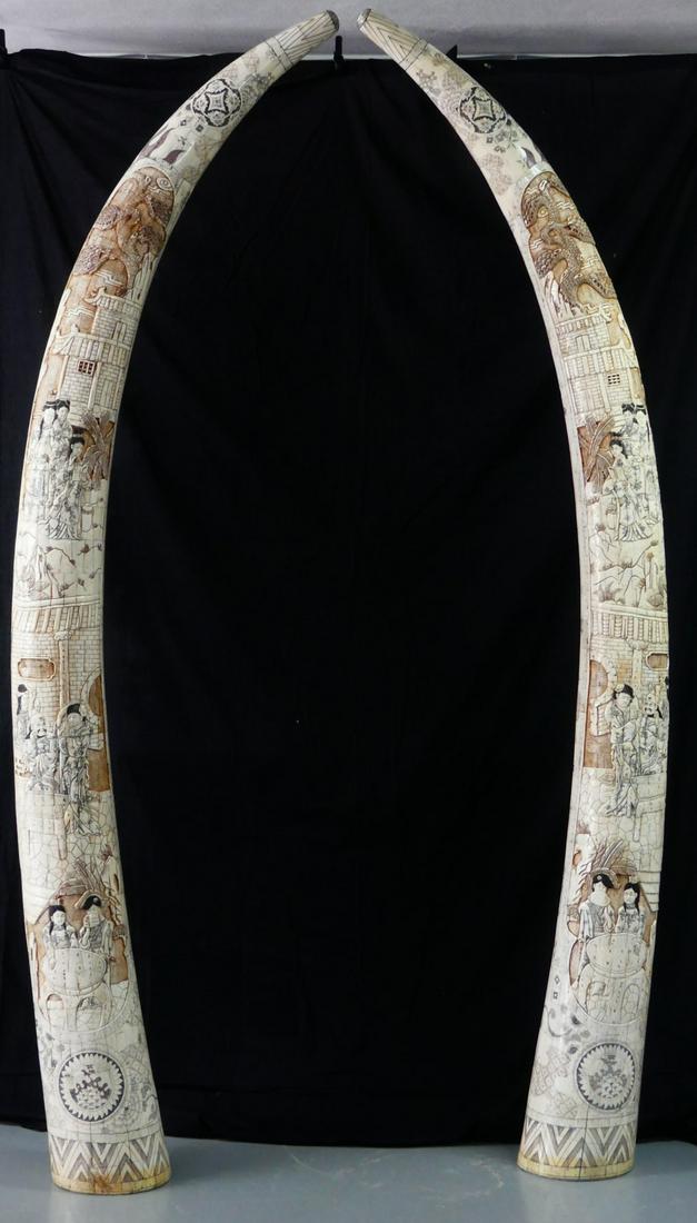 PR MONUMENTAL CHINESE CARVED BONE TUSKS: Pair of monumental Chinese carved ox bone veneer tusks on stands. Each depicts figural courtyard scenes with pine trees and pagoda in relief. Each tusk measures 9' 5" height excluding base. Each base 