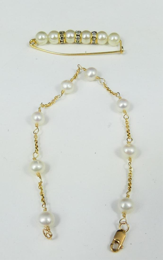 2pc YELLOW GOLD & PEARL BRACELET & PIN (1 of 2)