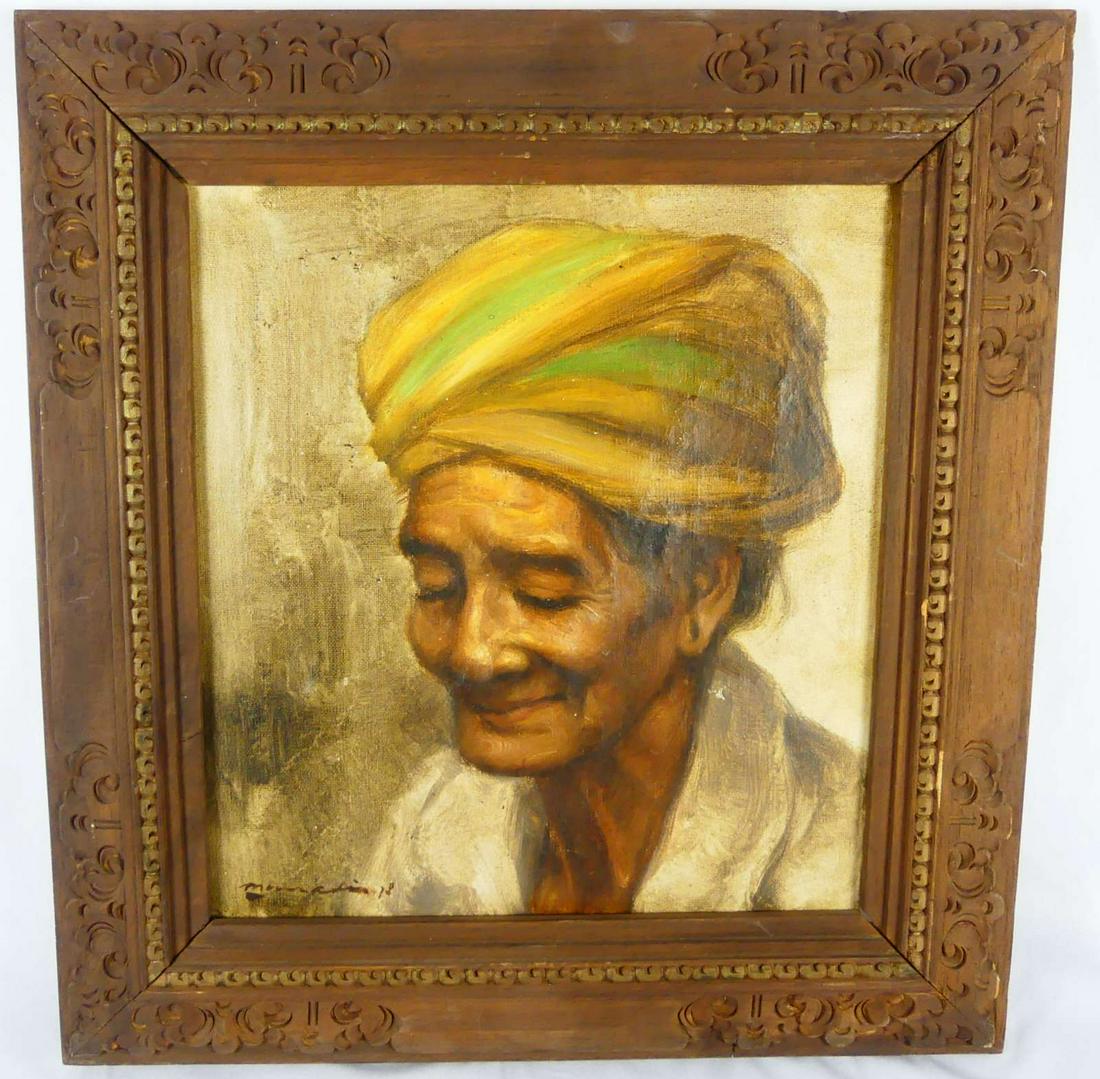 BALINESE PORTRAIT OIL PAINTING ON CANVAS: Balinese oil painting on canvas depicting a portrait of a woman. Signed and dated 1978 lower left. Measures 12 3/4" x 11 3/4" + 2 3/4" frame.