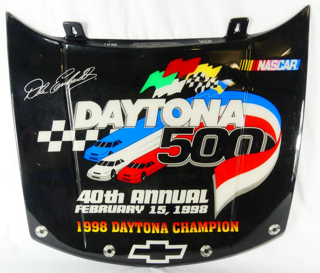 DALE EARNHARDT SR. DAYTONA 500 COMMEMORATIVE HOOD: Dale Earnhardt Sr. Commemorative hood. Made in commemoration of Dale's first Daytona 500 win. These hoods were only made for 500 of the Chevrolet dealerships across the country. 40th Annual. Measures 