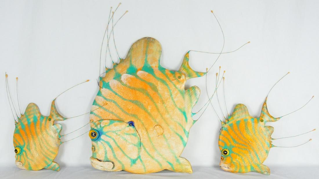 3pc TODD WARNER GREEN STRIPED FISH SCULPTURE: Todd J. Warner (American, b. 1945) painted wood, clay, glass and metal green and orange striped fish. Measuring approximately 34" in length and 31" in height.