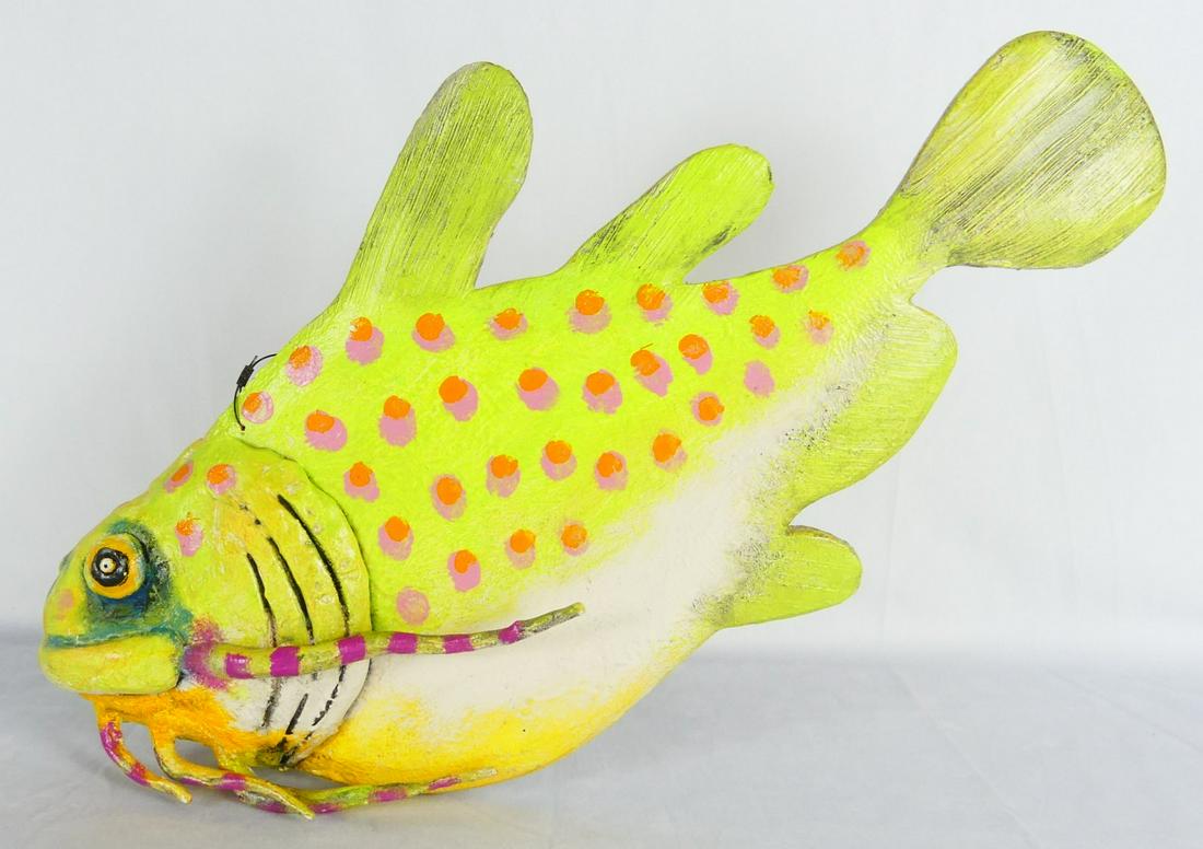 TODD WARNER YELLOW DOTTED FISH SCULPTURE: Todd J. Warner (American, b. 1945) painted wood and clay green and pink dotted fish. Measuring approximately 20" in length.