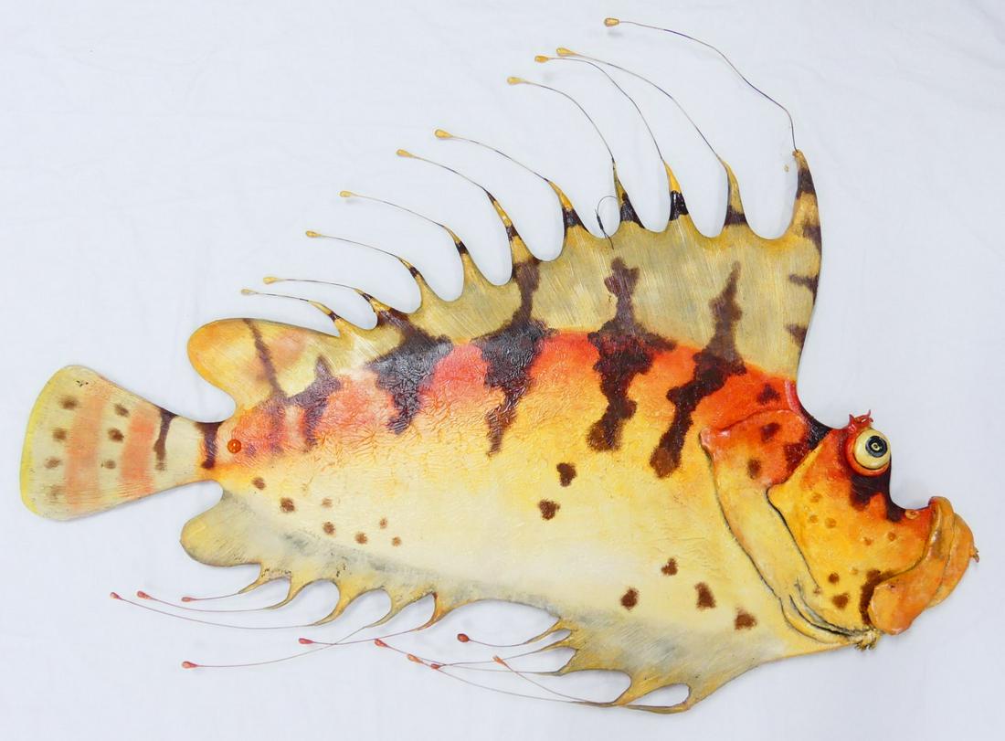 TODD WARNER STRIPED FIN FISH SCULPTURE: Todd J. Warner (American, b. 1945) painted wood, clay and steel fish. Measuring approximately 48" in length and 34" in height.. Signed in pencil and dated 1990 lower left.