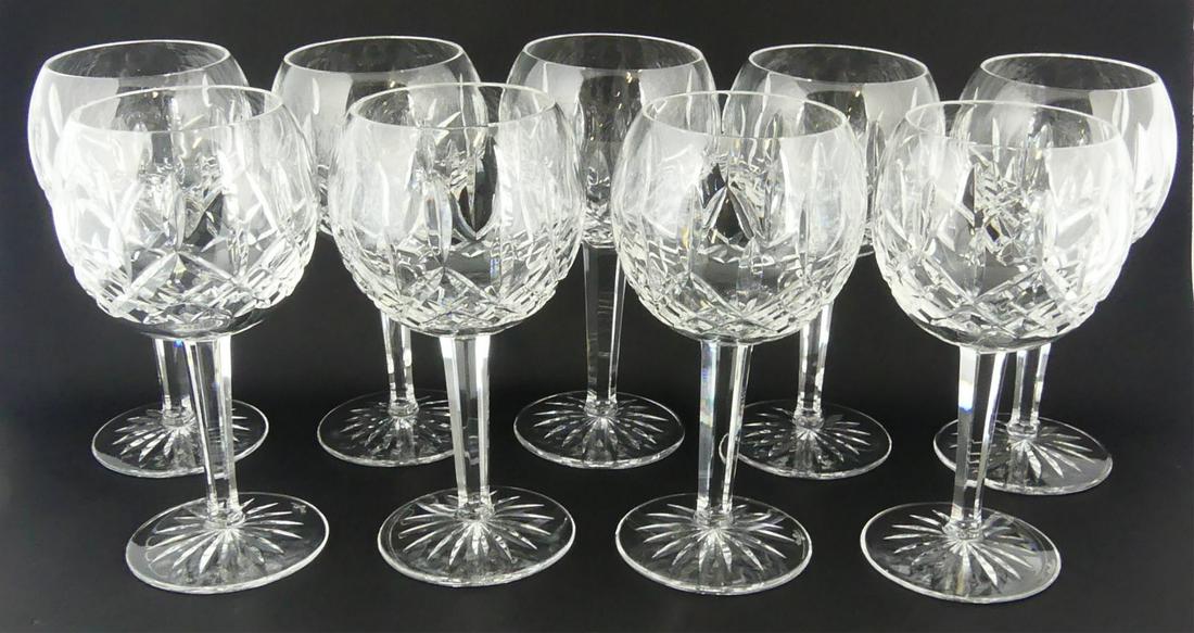 9pc WATERFORD LISMORE CRYSTAL BALLOON WINE GOBLETS: 9 Waterford cut crystal Balloon Wine glasses in the Lismore pattern. Each marked to underside and measures 7 1/8" height.