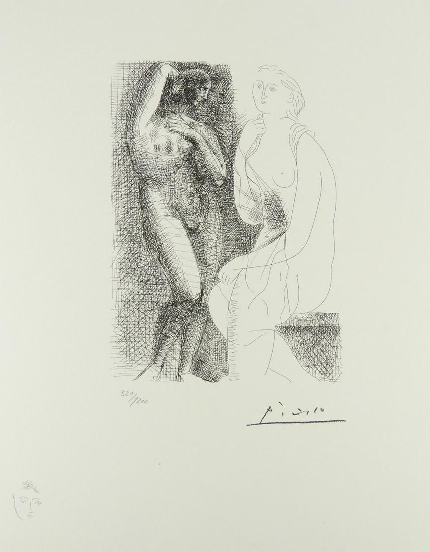 PABLO PICASSO 'NUDE IN FRONT OF STATUE' LITHOGRAPH: Pablo Picasso 'Nude Woman in Front of Statue' lithograph from Vollard Suite. Signed in the plate lower right. Pencil numbered 321/1200 lower left. Published by SPADEM, 1973. Measures 16 1/2" x 13".