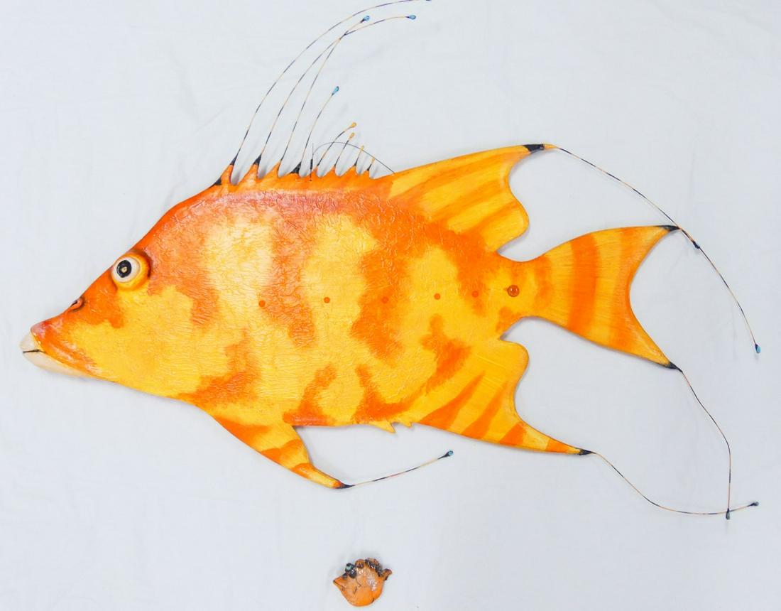 TODD WARNER HOGFISH SCULPTURE w SMALL FISH: Todd J. Warner (American, b. 1945) painted wood, clay, steel and glass Hogfish with small painted orange fish suspended from body. Measuring approximately 43" in length and 36" in height.