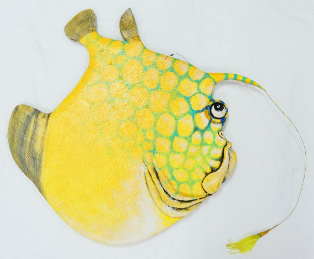 TODD WARNER ANGLERFISH SCULPTURE: Todd J. Warner (American, b. 1945) painted wood, clay and metal green and yellow Anglerfish. Measuring approximately 34" in length and 25" in height.