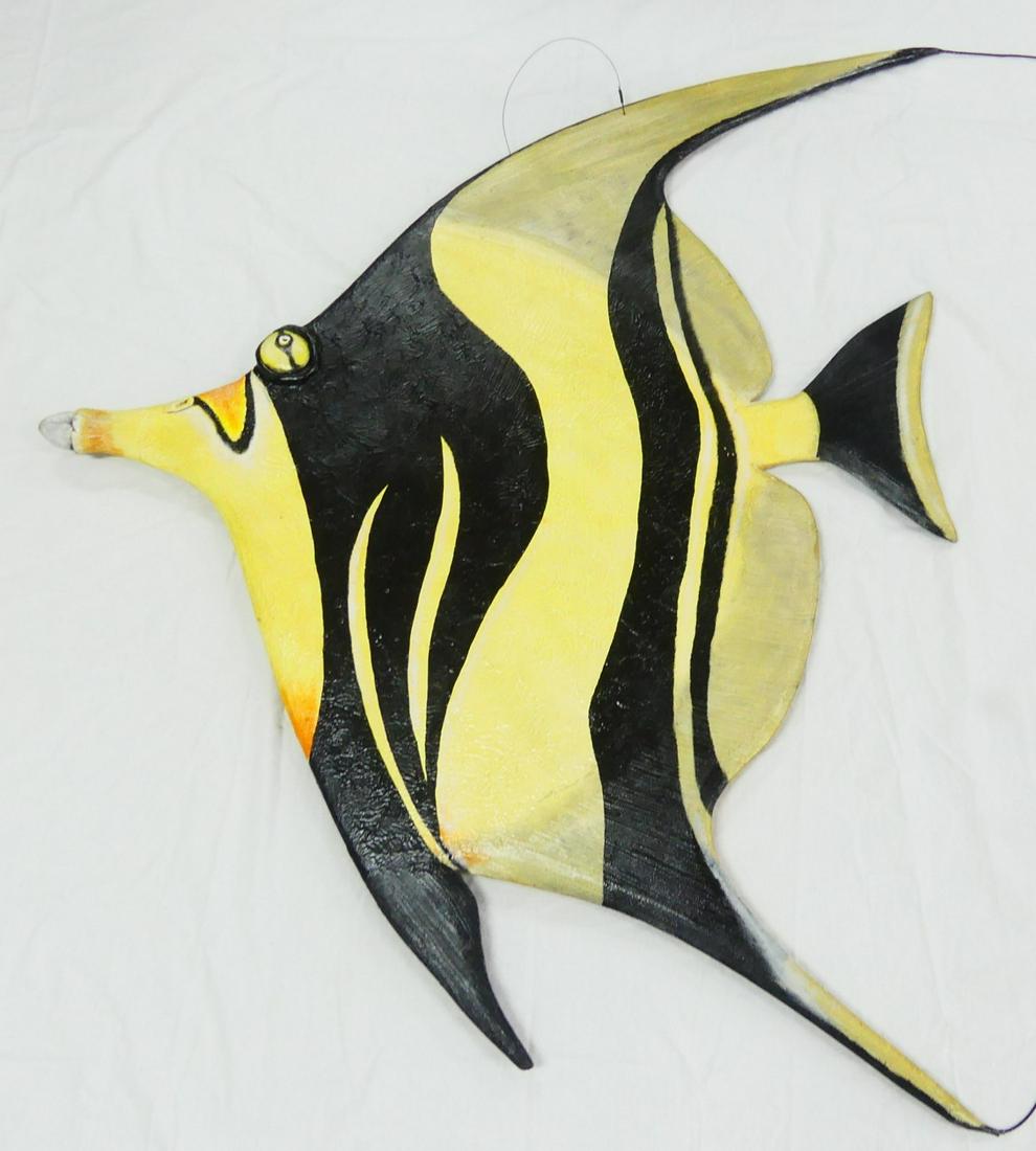 TODD WARNER STRIPED ANGELFISH SCULPTURE: Todd J. Warner (American, b. 1945) painted wood, clay and metal black and yellow Angelfish sculpture. Signed and dated 1990 in pencil. Measuring approximately 54" in height and 47" in length.