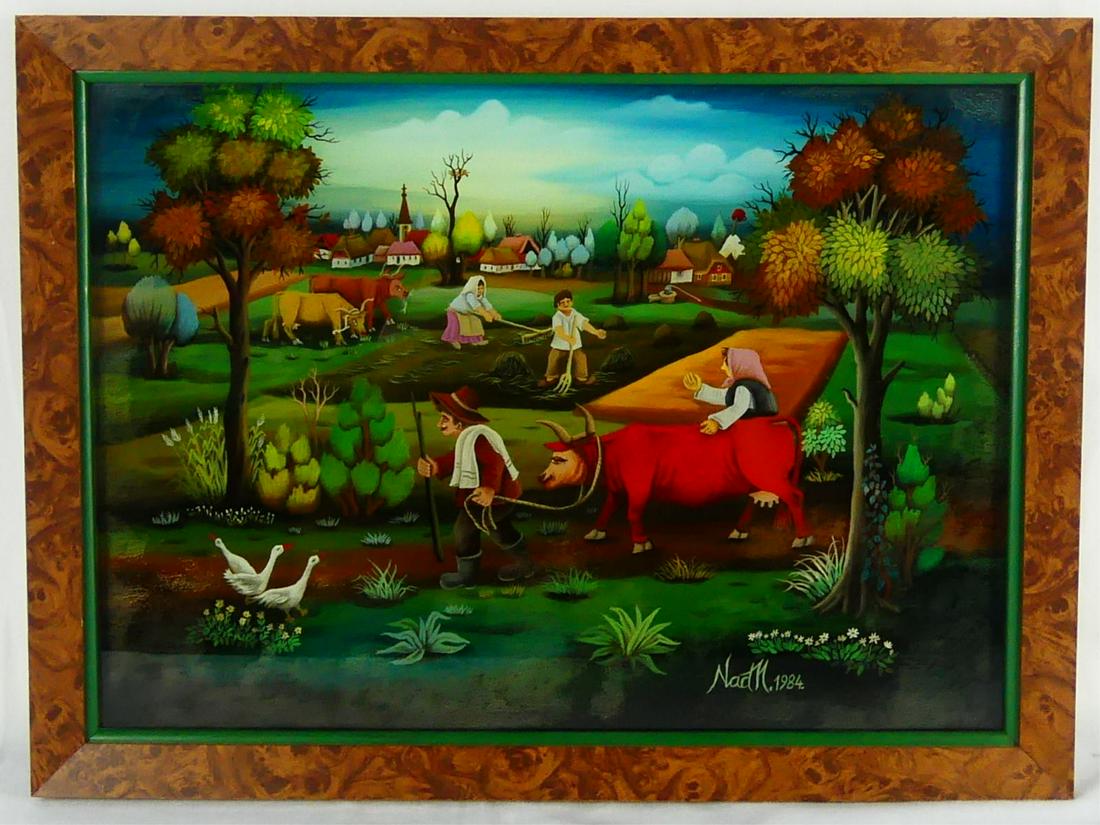 SOVIET REVERSE GLASS VILLAGE PAINTING 1984: Soviet, possibly Russian, reverse painting on glass depicting a village with farmers and animals. Signed lower right and dated 1984. Measures 13 1/2" x 9 1/2" + 1" frame.