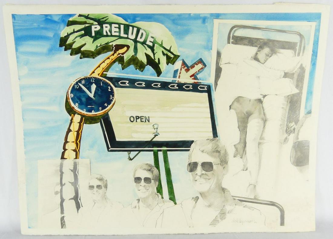 DICK BJORNSETH 'PRELUDE' MIXED MEDIA: Dick Bjornseth (American, 20th/21st C) watercolor and pencil on paper depicting a palm tree-form sign with clock, a male figure with sunglasses and partially nude female figure in hospital bed. Signed