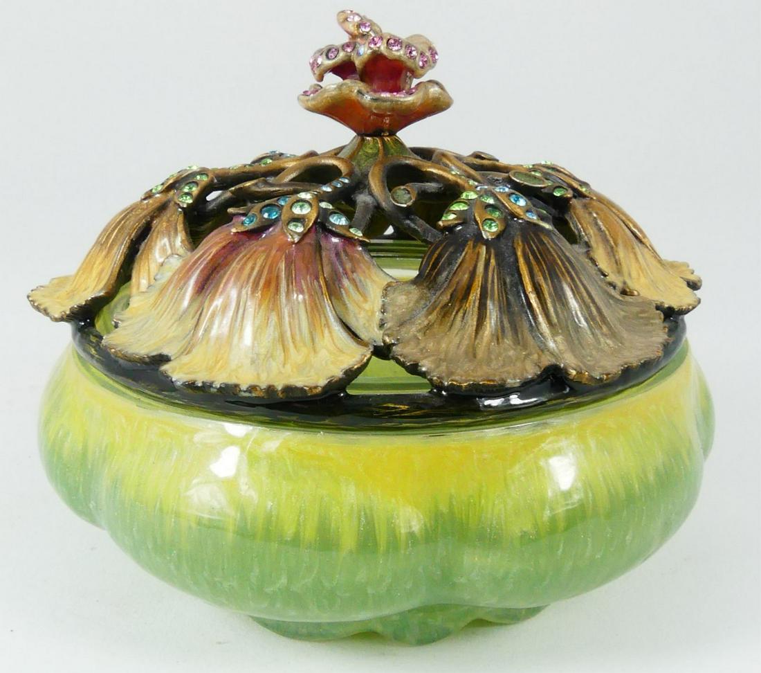 JAY STRONGWATER ENAMELED & JEWELED COVERED BOWL: Jay Strongwater enameled and jeweled bowl with pierced cover. Marked to underside of lid. Measures 4 1/4" diameter x 3 1/2" height.