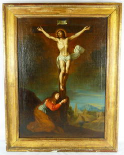 ITALIAN OLD MASTER 'CRUCIFIXION' OIL ON CANVAS: Italian old master oil painting on canvas depicting the Crucifixion of Jesus with Mary Magdalene. Marked Pontormo to verso. Manner of Martino Altomonte or Guido Reni. Measures 20 3/8" x 14 1/2" + 2 1/