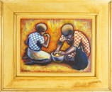 GERARD SEKOTO 'TWO BOYS w BLACK CAT' OIL ON CANVAS