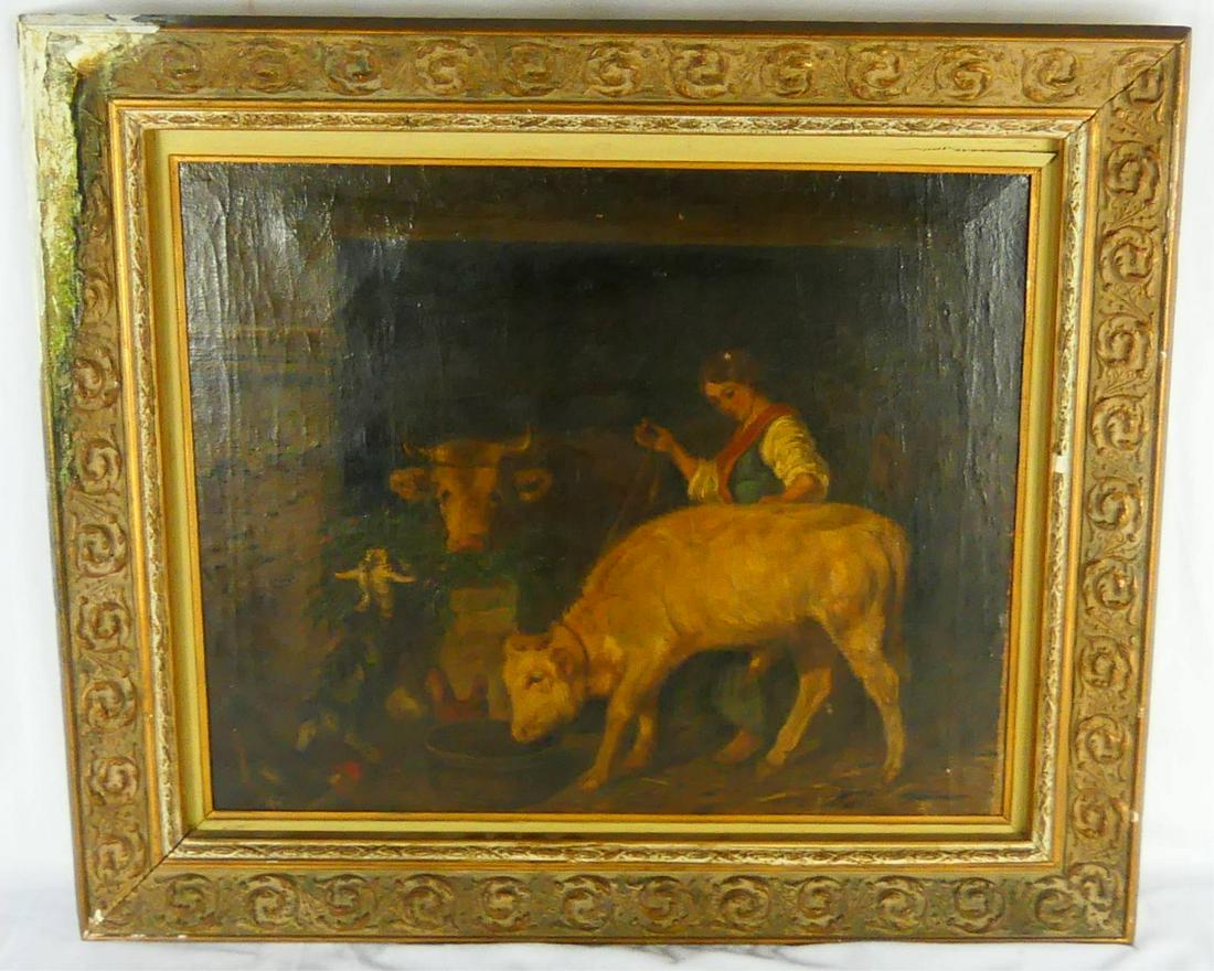 LORENZO DIAZ CALZADA OIL PAINTING ON CANVAS: Spanish oil painting on canvas depicting a woman with two cows. Signed L Diaz Calzada lower left. Believed to be Lorenzo Diaz Calzada. Titled 'Escena Montenesa Espana' to verso. Measures 21 1/2" x 17
