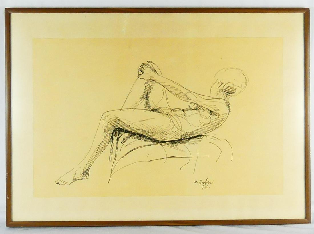 M. BERTOZZI PEN & INK DRAWING ON PAPER: Pen and ink drawing on paper depicting a reclining nude female with raised knee. Signed M. Bertozzi or M. Bertossi lower right. Measures 22 7/8" x 14 1/2" + 2 1/2" mat & frame.