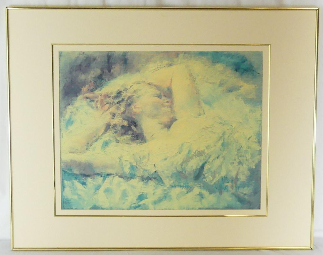 UGO GUIDI 'RECLINING WOMAN' OFFSET LITHOGRAPH: Ugo Guidi (Italian, 1923-2007) offset lithograph depicting a reclining woman. Measures 24" x 18 3/4" + 5" mat & frame. Note: Does not appear to be signed, may be signed underneath mat.