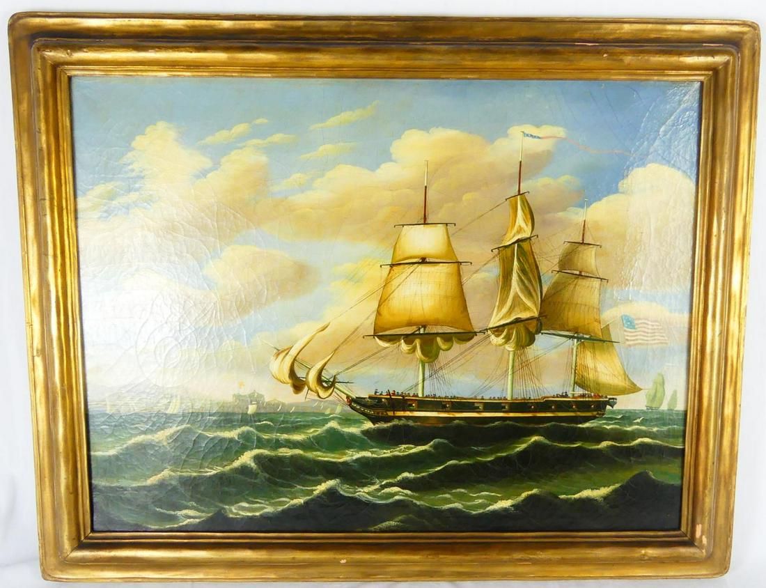 19th C OIL PAINTING ON CANVAS 'WAR WITH FRANCE': British school 19th century oil painting on canvas depicting an American ship. Titled 'War with France' to old label on verso. Appraised by Sotheby's in 1994. Measures 23 1/2" x 17 1/2" + 2 1/2" frame