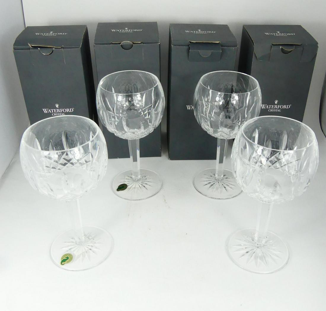 4pc WATERFORD LISMORE CRYSTAL BALLOON WINE GLASSES: Four Waterford Lismore cut crystal oversized wine goblets. Each marked to underside, measures 7 3/4" height and includes original box.