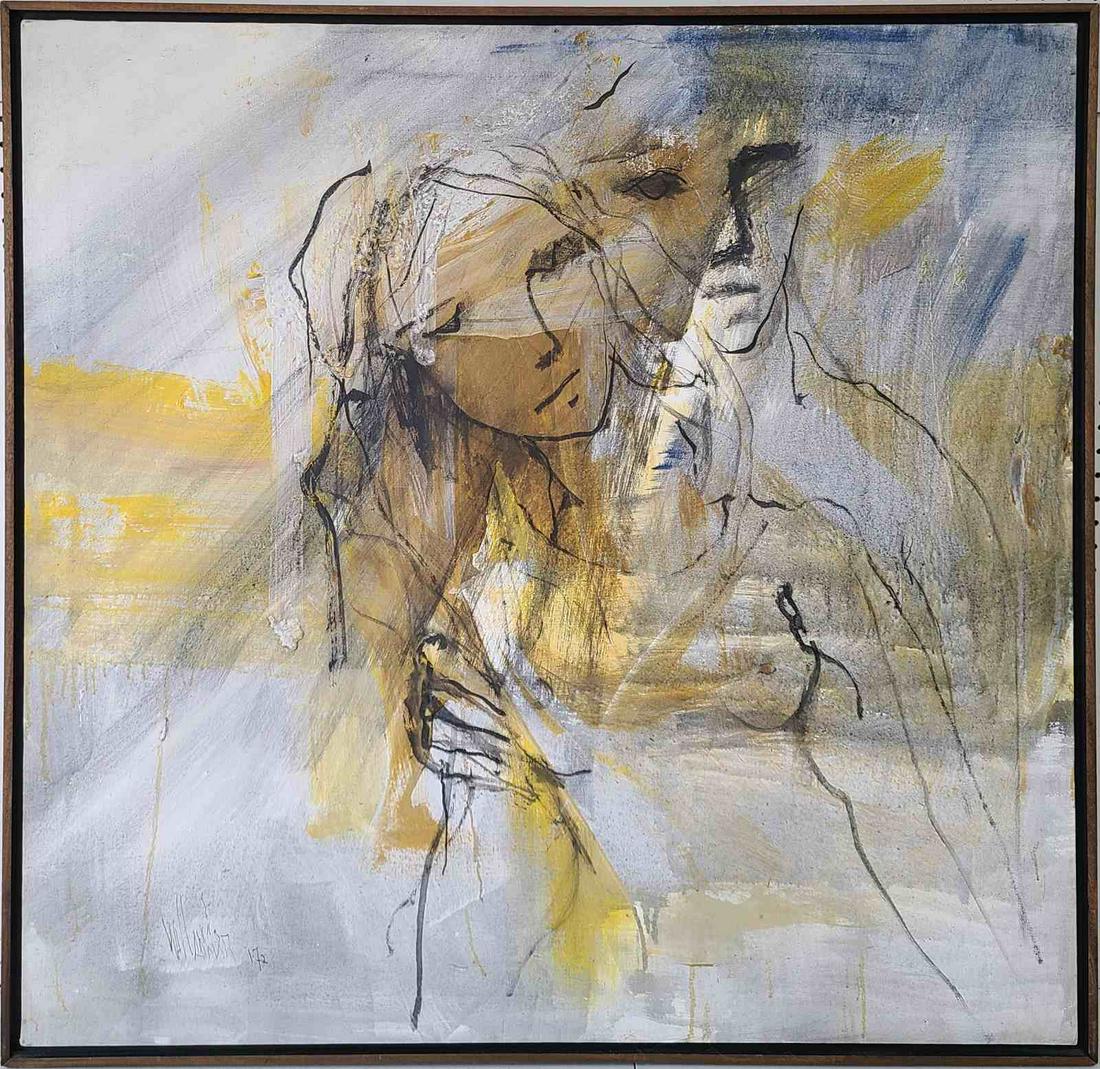 GINO HOLLANDER 'LOVERS' ACRYLIC PAINTING ON CANVAS: Gino F. Hollander (American, 1924-2015) acrylic painting on canvas depicting a nude girl with man. Signed lower left and dated 1972. Measures 39" x 39" + 3/4" frame.