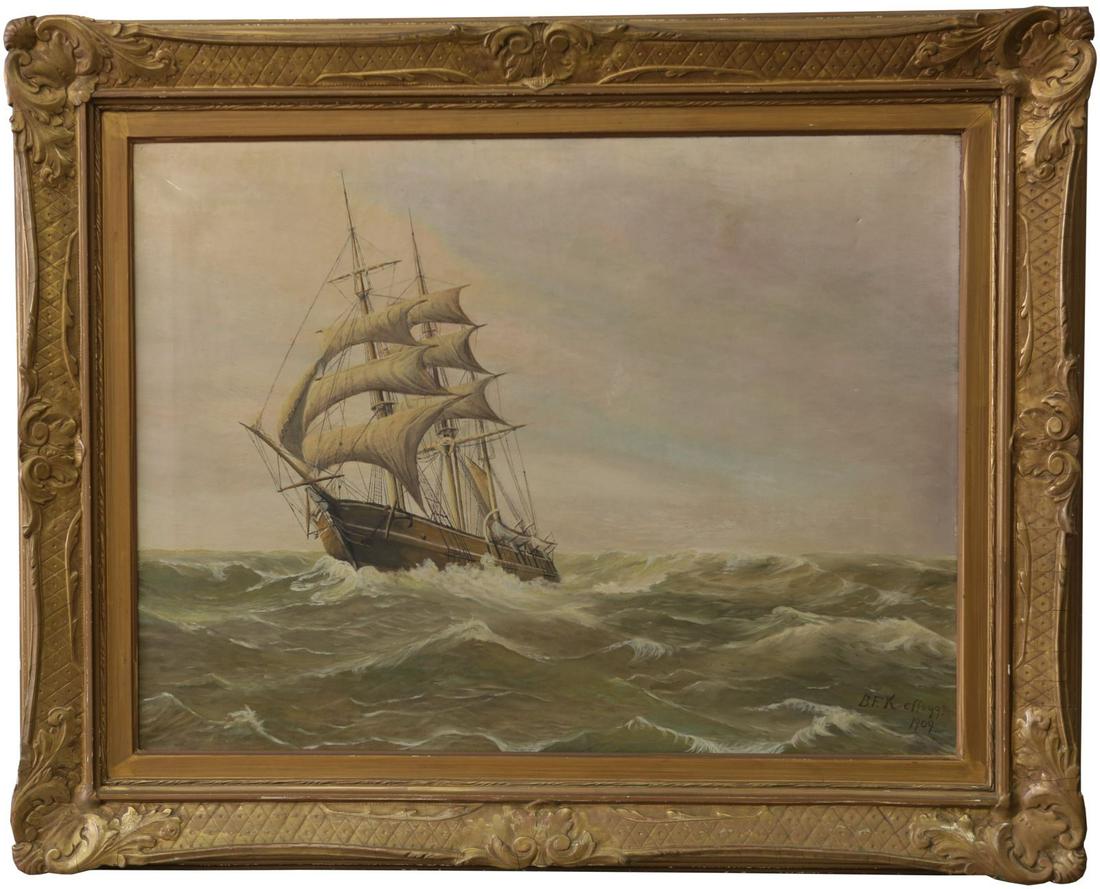 BF KELLOGG SHIP SCENE OIL PAINTING ON CANVAS 1909 (1 of 9)
