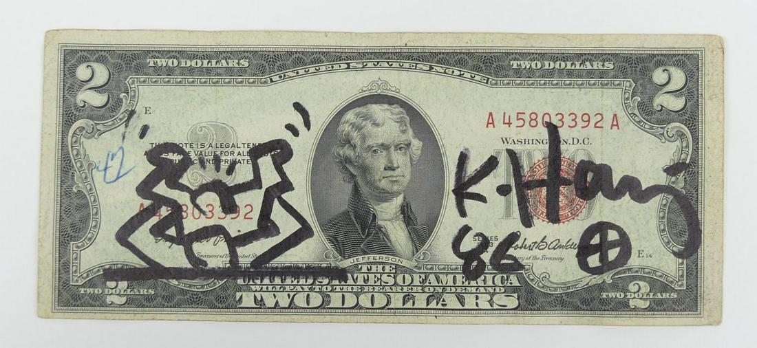 KEITH HARING HAND SIGNED TWO DOLLAR BILL (1 of 2)