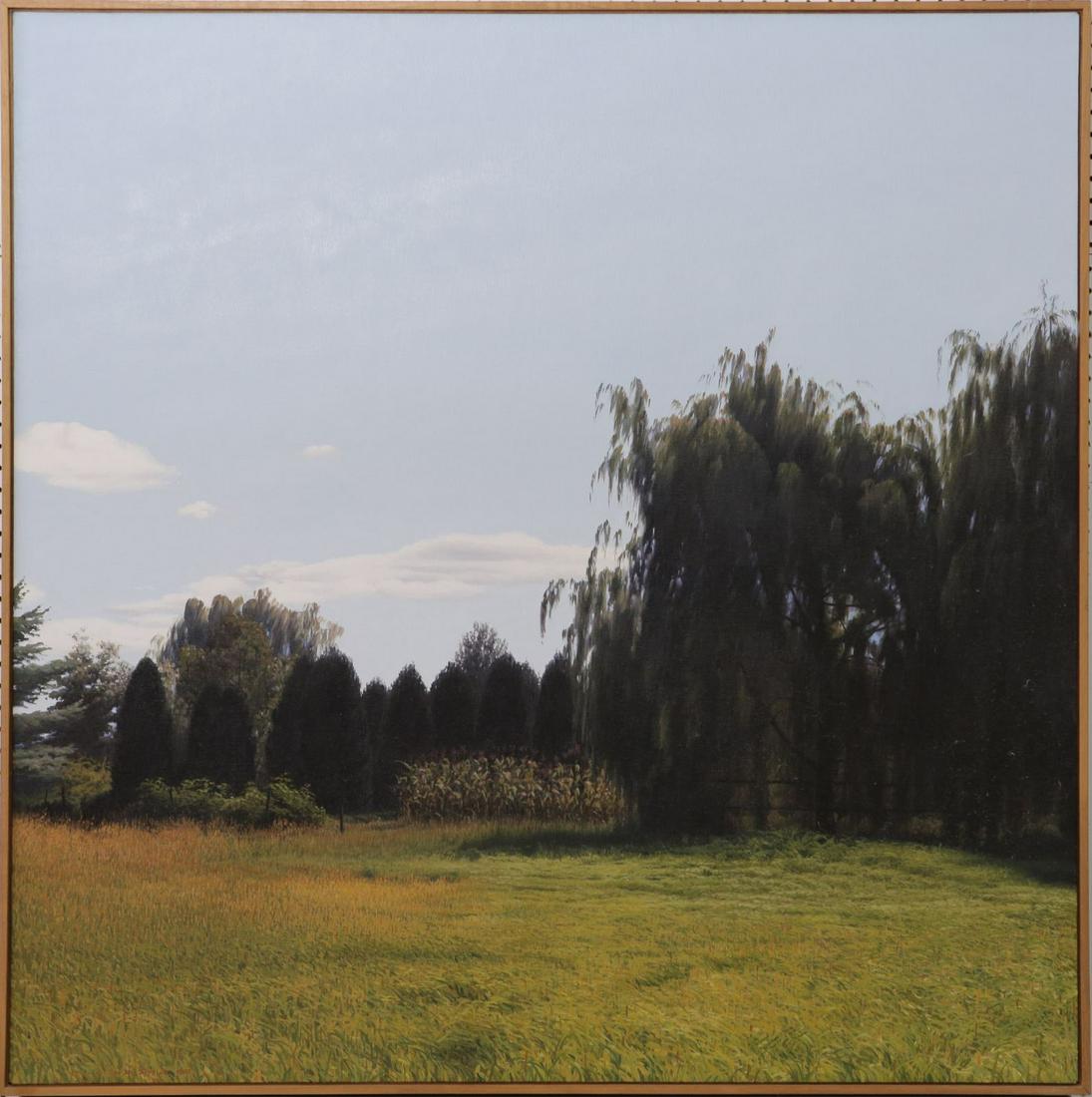SARAH SUPPLEE LINCOLN, MASSACHUSETTS OIL ON CANVAS: Sarah Supplee (American, 1941-1997) oil painting on canvas. Titled 'Backyard with Willows and Cedars, Lincoln, Mass'. Signed and dated 1981 lower left. Holds Hirschl and Adler label to verso. Measures