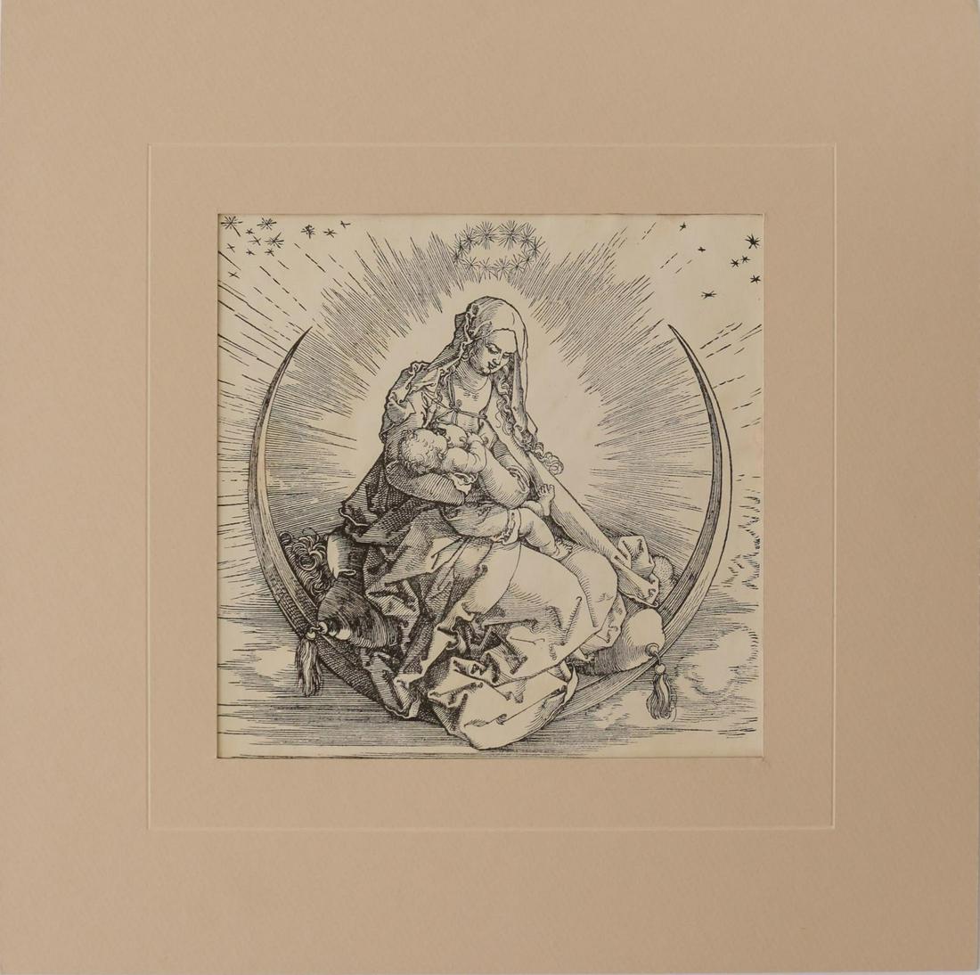 ALBRECHT DURER 'MADONNA ON THE CRESCENT' WOODCUT: Albrecht Durer woodcut titled 'The Madonna of the Crescent' from "The Life of the Virgin'. Measures 7 3/4" x 7 3/4" + 3 1/8" mat.