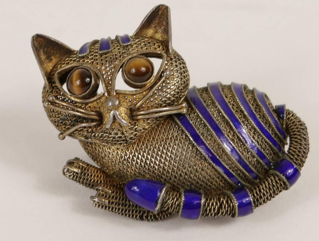 CHINESE SILVER ENAMELED TIGER EYE CAT BROOCH (1 of 6)
