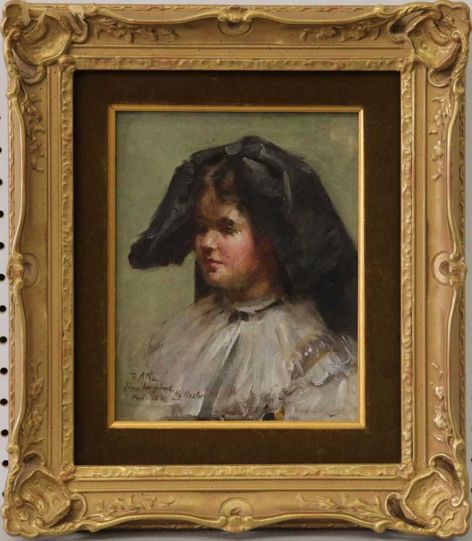 HENRY MOSLER 'JEUNE FEMME' OIL ON CANVAS: Henry Mosler (French/American, 1841-1920) oil painting on canvas. Titled 'Jeune Femme'. Signed and dedicated lower left. Dominion Gallery label to verso. Measures 9 1/4" x 7 1/4" + 3" frame.