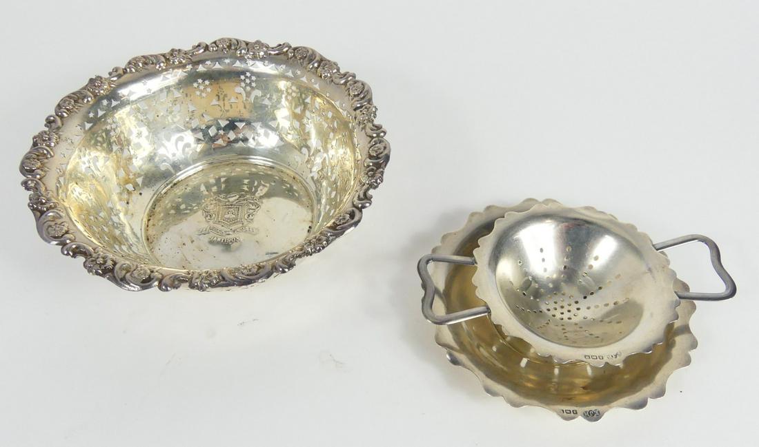 3pc ENGLISH STERLING SILVER TEA STRAINER & BOWL (1 of 14)