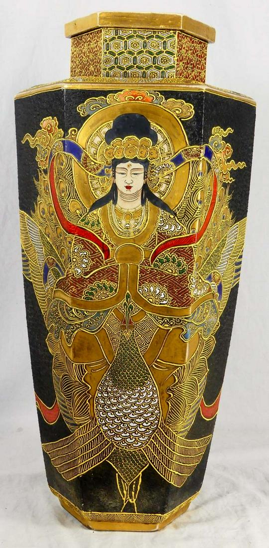 JAPANESE SATSUMA POTTERY VASE HEXAGONAL FORM (1 of 7)