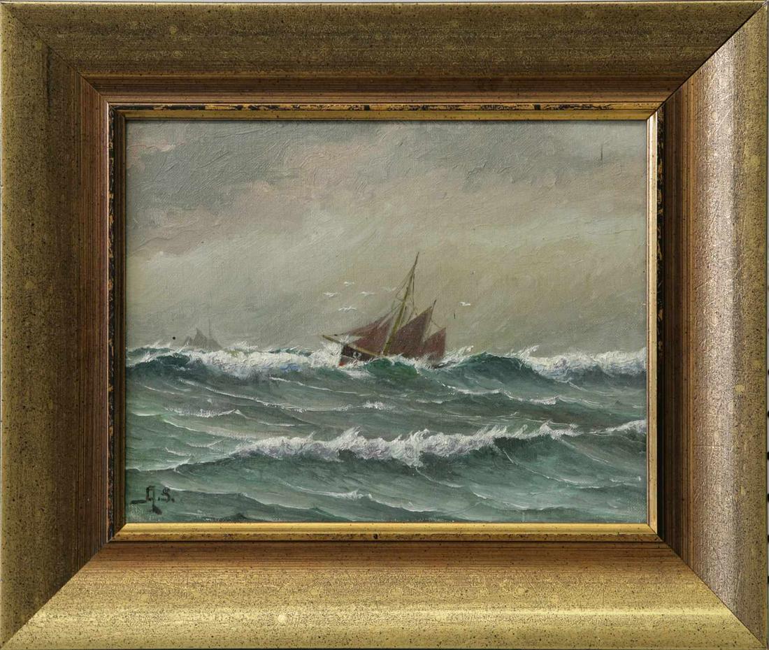 SHIP AT SEA OIL PAINTING ON BOARD SIGNED A.S.: Oil painting on artist board depicting a ship scene with rough sea. Signed A.S. lower left. Danish stamp to verso (center). Measures 11 3/8" x 8 7/8" + 2 5/8" frame.